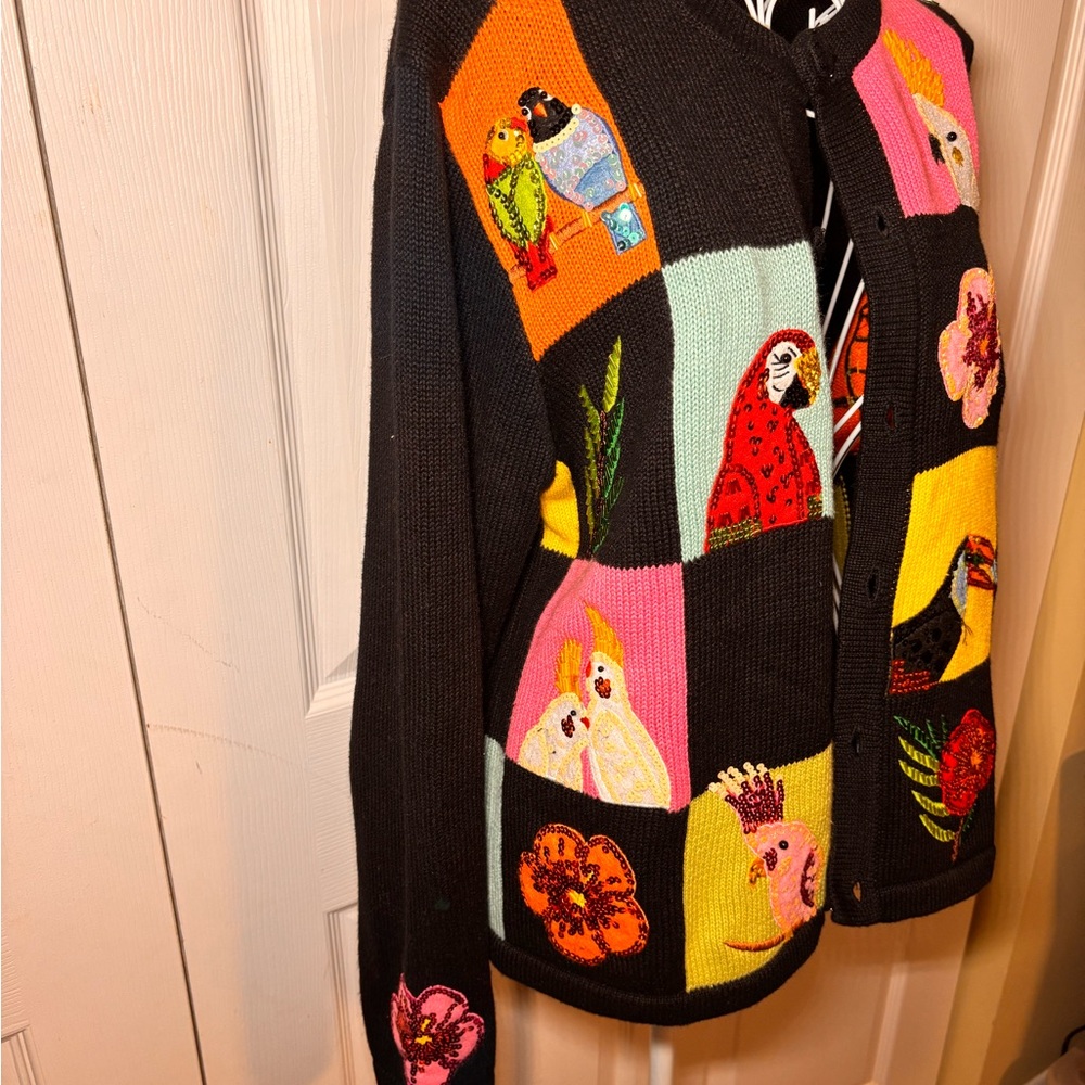 Vintage Berek Black Multicolor Hand Crafted Bird Cardigan - Picture 5 of 9
